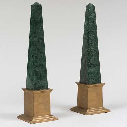 Pair of Brass-Mounted Verde Antico Marble Obelisks