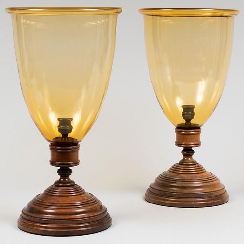 Pair of Amber Glass and Wood Photophores