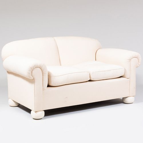 Cream Upholstered Two Seat Sofa on White Painted Bun Feet, de Angelis