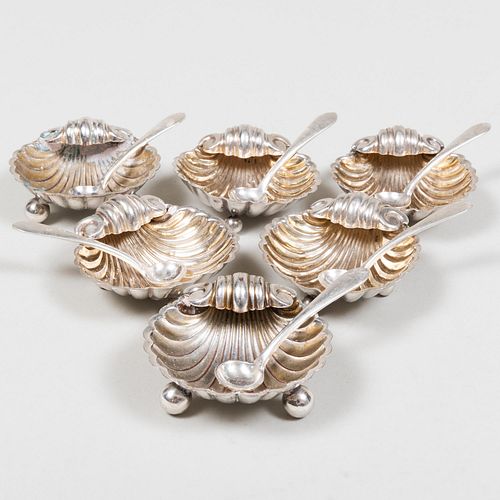 Set of Four English Silver Shell Form Salts and Six American Silver Spoons