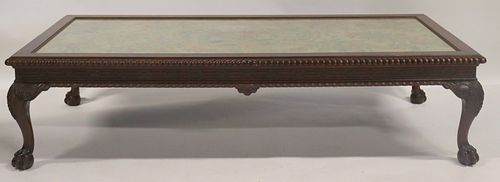 Antique And Finely Carved Mahogany Coffee Table .