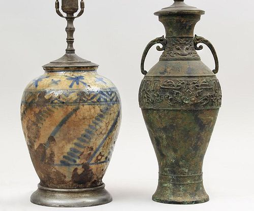 Turkish Pottery Jar, Mounted as a Lamp, and a Chinese Archaic Style Bronze-Patinated Metal Lamp