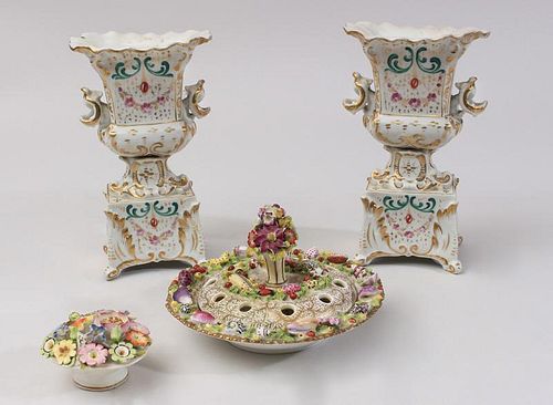 Pair of Paris Porcelain Vases, an English Spill Dish and Cover and a Coalport Flower Banquet Paperweight