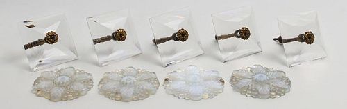 Set of Five Gilt-Metal-Mounted Cut-Glass Curtain Tie-Backs and Four Pressed Opalescent Glass Tie-Back Medallions