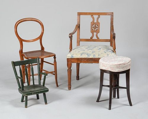Italian Carved Walnut Armchair, Victorian Mahogany Caned-Seat Side Chair, Small Green Painted Child's Armchair, and an Adjustable Mahogany Piano Stool