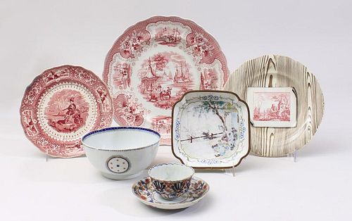 Group of Six Ceramic Articles and a Canton Enamel Dish