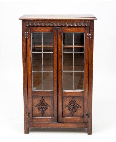 Arts and Crafts Stained Oak and Leaded Glass Bookcase