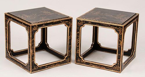 Pair of Chinese Style Black Lacquer and Parcel-Gilt Low Tables