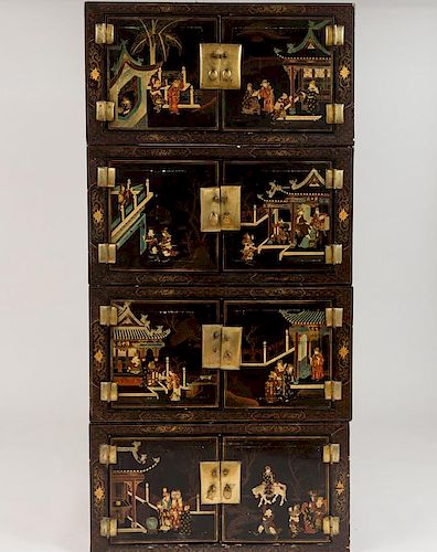 Chinese Brass-Mounted Black and Polychrome Painted and Parcel-Gilt Four Stackable Chests