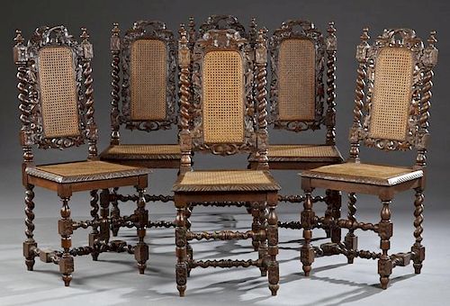 Set of Six Jacobean Style Carved Walnut Dining Cha