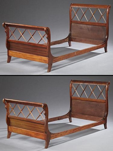 Pair of French Empire Style Carved Mahogany Beds,