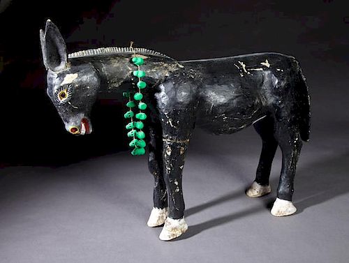 Mexican Polychromed Carved Wooden Folk Art Donkey