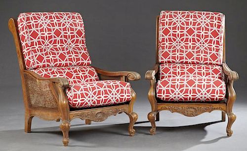 Pair of Louis XV Style Carved Cherry Bergeres, 20t