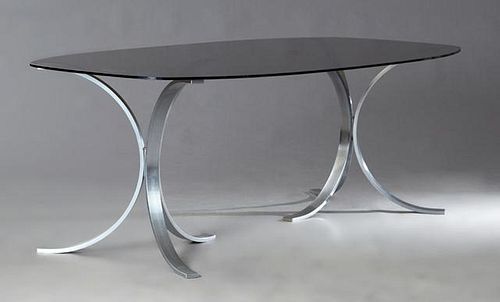 French Modern Steel and Smoked Glass Dining Table,