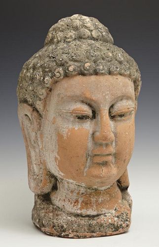 Terracotta Buddha Head Garden Ornament, 20th c., H