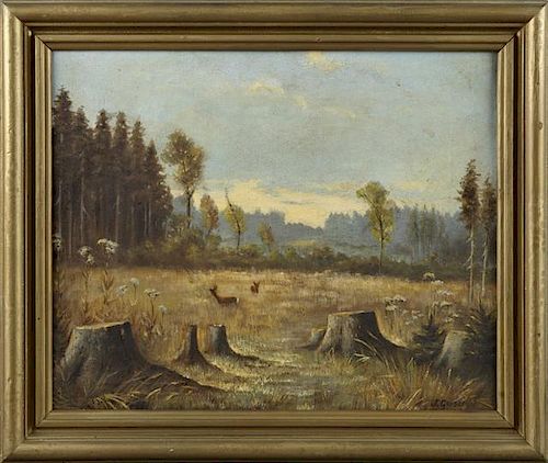 J. Geisel, "Deer in the Field," 20th c., oil on ca