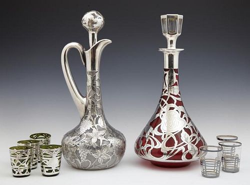 Two Sterling Overlay Glass Decanters, 20th c., one