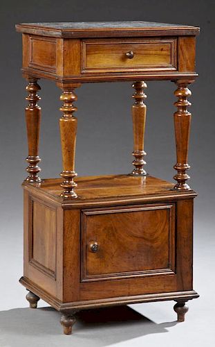 Henri II Style Carved Walnut Marble Top Nightstand