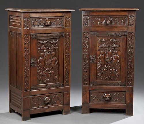 Pair of Spanish Renaissance Style Carved Oak Cabin