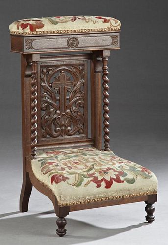 French Carved Oak Prie Dieu, c. 1870, the needlepo
