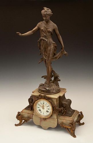 Art Nouveau Patinated Spelter Figural Mantel Clock