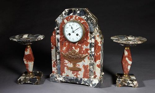 Three Piece Art Deco Breche d'Aleps Marble Clock S