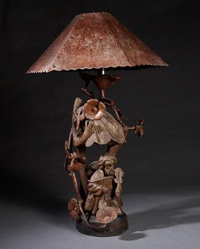 Unusual Carved Wood and Wrought Iron Lamp, 20th c.
