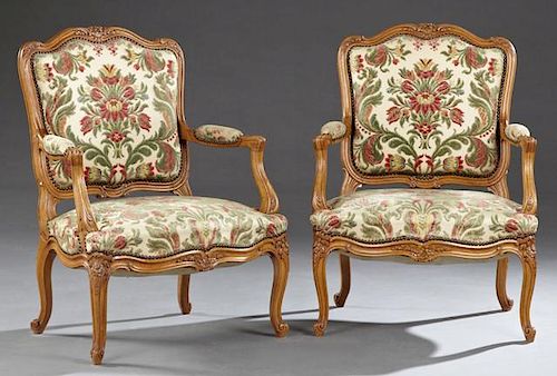 Pair of Louis XV Style Upholstered Carved Cherry F