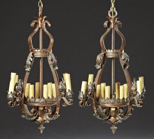 Pair of Copper Ten Light Chandeliers, 20th c., of