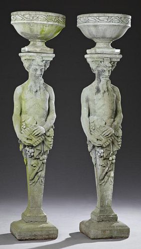 Pair of Circular Cast Stone Planters on Cast Stone