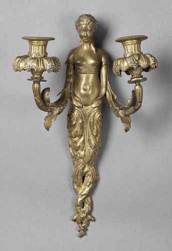 French Bronze Figural Two Light Wall Sconce, 19th