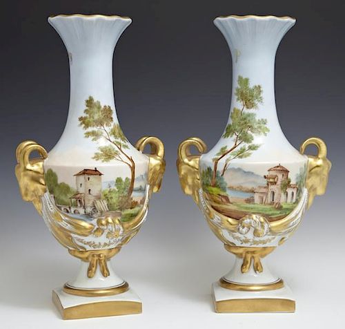 Pair of Limoges Porcelain Baluster Vases, 20th c.,