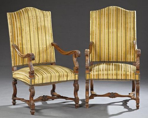 Pair of Louis XIII Style Carved Walnut Upholstered