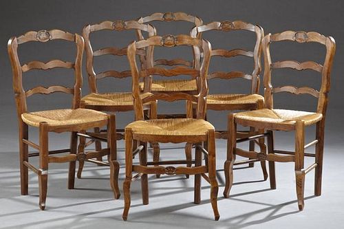 Set of Six French Carved Beech Rushseat Dining Cha