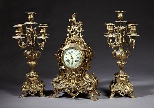 Three Piece French Bronze Clock Set, 19th c., by A