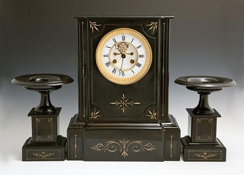 French Three Piece Black Marble Clock Set, c. 1870