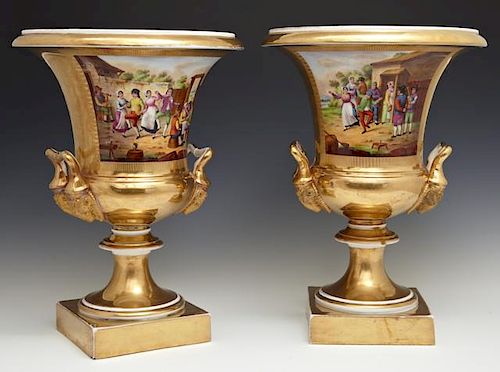 Exquisite Pair of Old Paris Gilt Campana Form Vase
