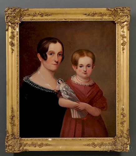 American School, 19th Century      Portrait of a Woman and Her Daughter with a Doll.