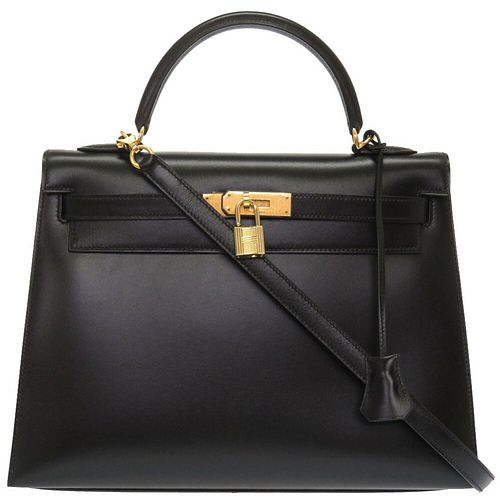 Hermes Kelly 32 guilloche outer sewn box calf muffler black # G engraved handbag bag 0028 HERMES