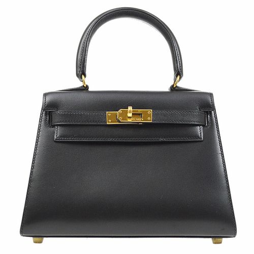 HERMES KELLY 20 SELLIER Handbag OU 5L. Purse Black Box Calf Vintage 