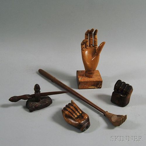 Five Carved Wooden Objects Incorporating Hands