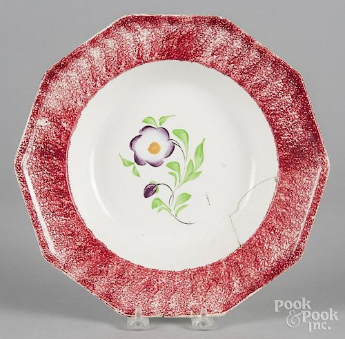 Red spatter soup bowl with primrose decoration, 10 1/2'' dia.
