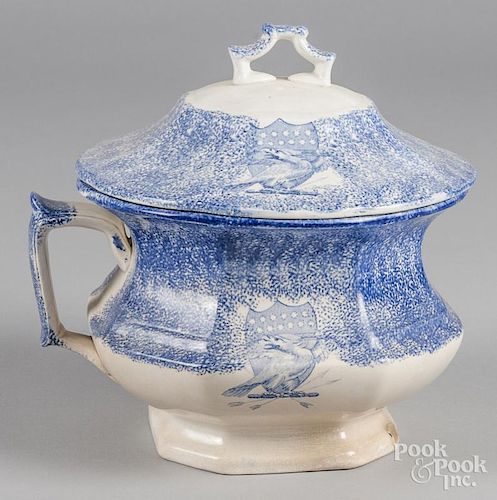 Blue spatter chamber pot with transfer eagle decoration, 9 1/2'' h., 9'' w.