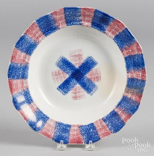 Blue and red rainbow spatter soup bowl, 10 5/8'' dia.