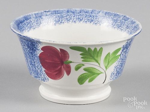 Blue spatter waste bowl with Adams rose decoration, 3 1/2'' h., 6 1/4'' dia.