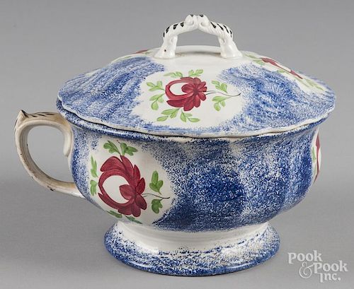 Blue spatter lidded chamberpot with Adams rose decoration, 7 3/4'' h.