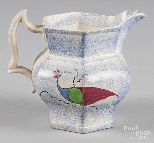 Blue spatter pitcher with peafowl decoration, 7'' h.