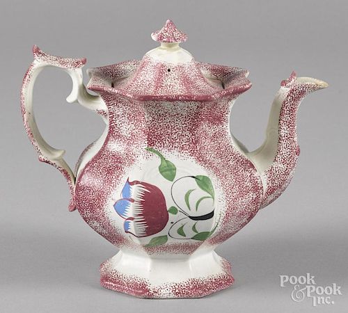 Red spatter teapot with tulip decoration, 8'' h.