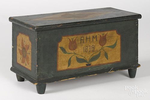 Miniature Pennsylvania painted poplar blanket chest, 19th c., with later decoration