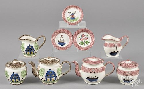 Two reproduction spatter miniature tea services, nine pieces total.